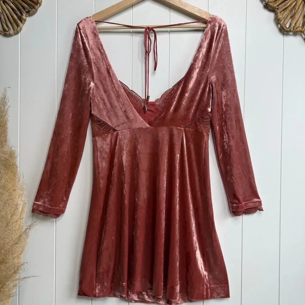Free People mini dress velvet babydoll floral lace boho XS